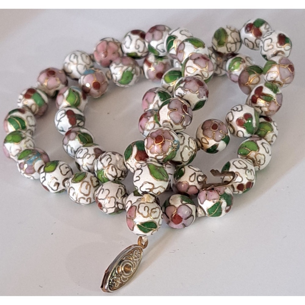 Cloisonné Knotted Bead Necklace – Pink White Red Green